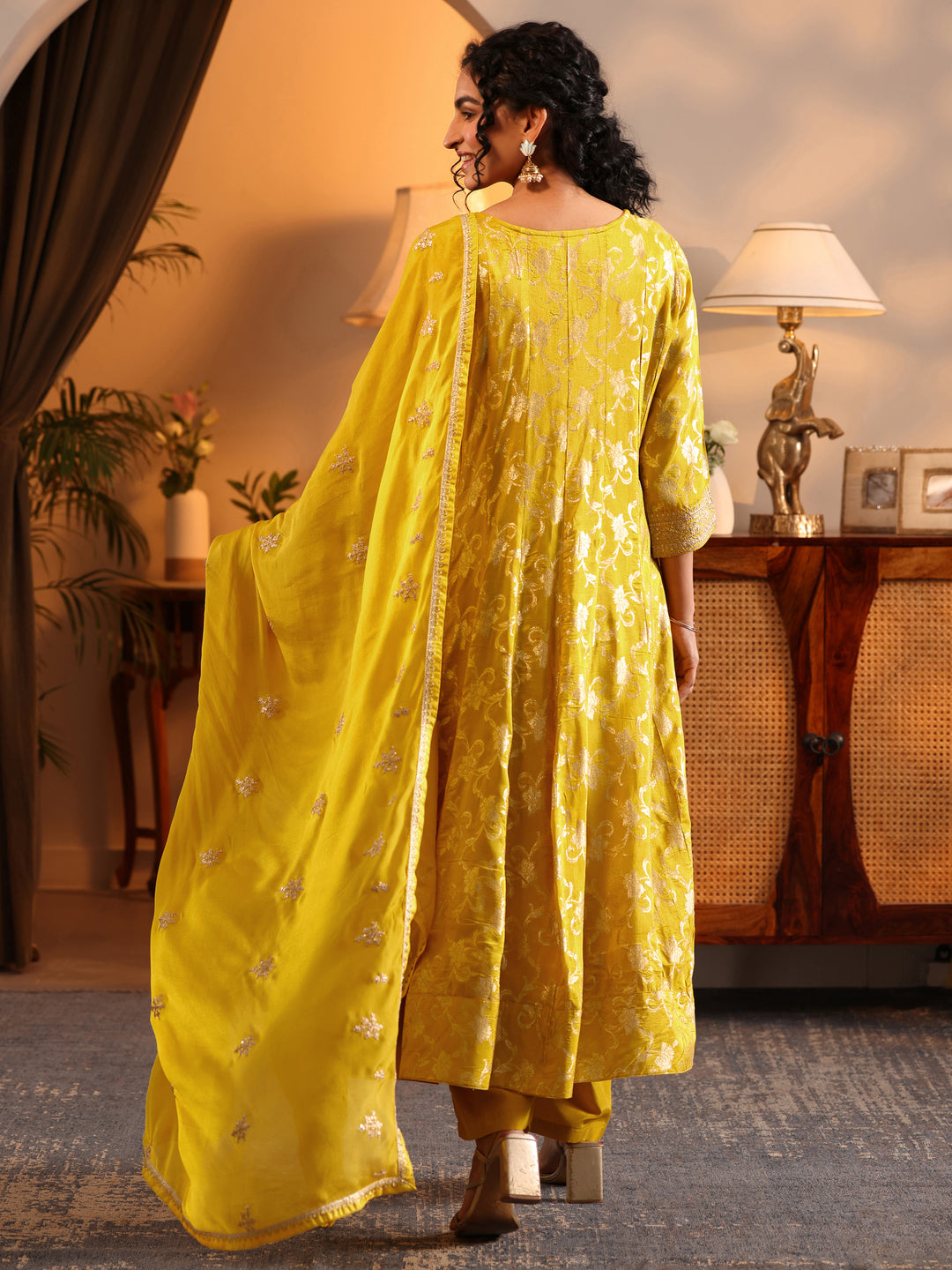  Libas Art Yellow Woven Design Silk Blend Anarkali Suit Set With Dupatta 