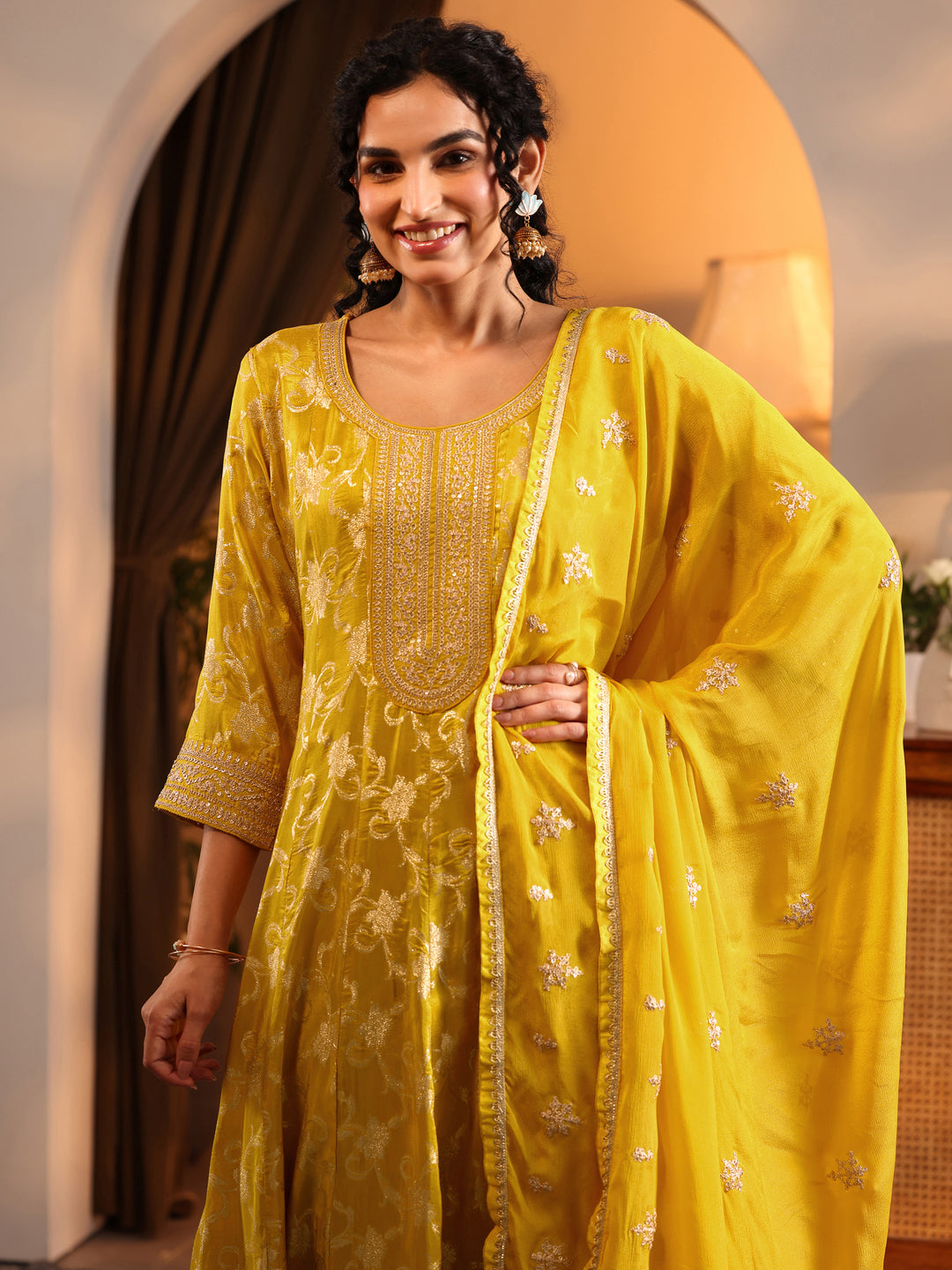  Libas Art Yellow Woven Design Silk Blend Anarkali Suit Set With Dupatta 