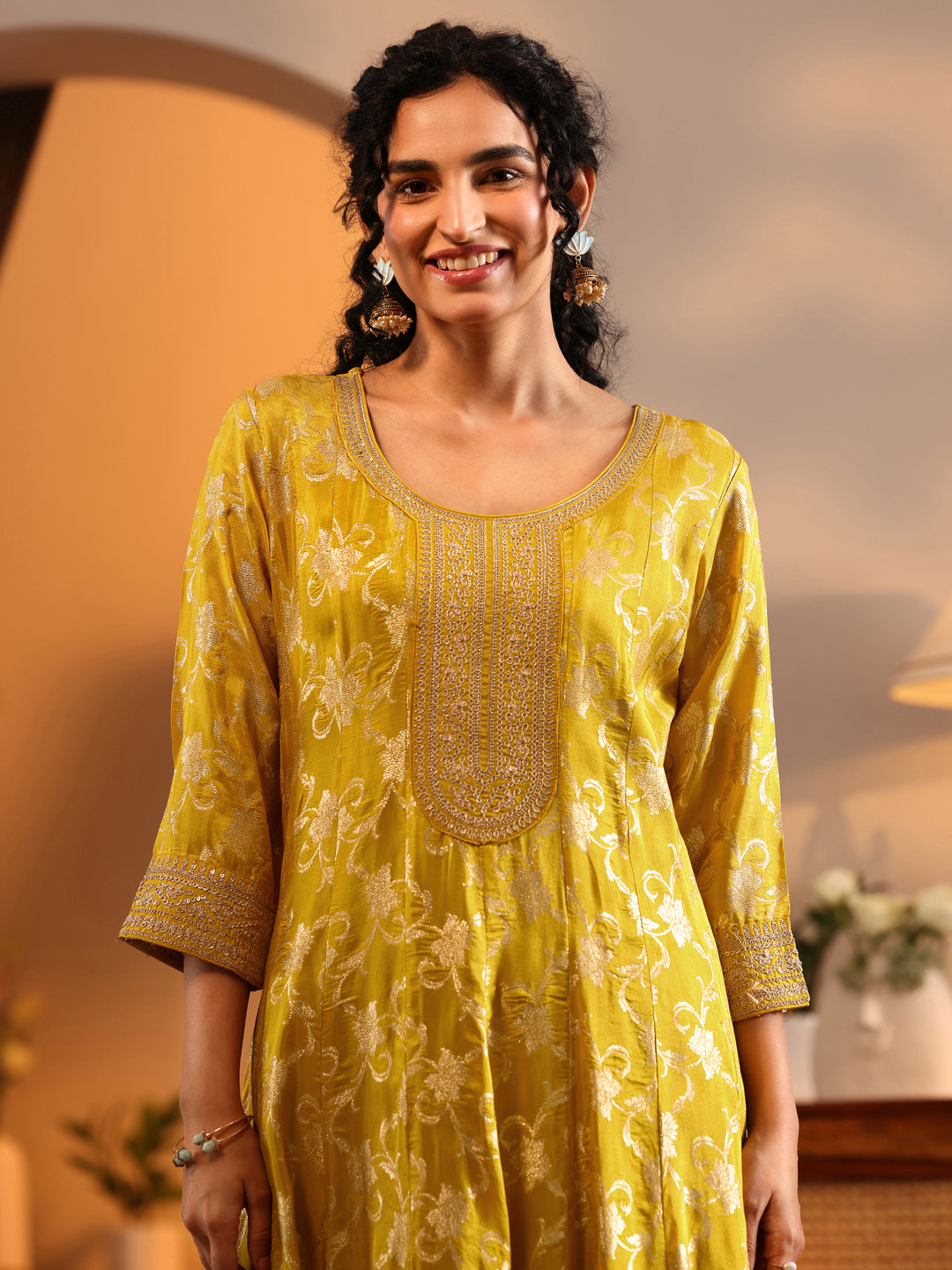  Libas Art Yellow Woven Design Silk Blend Anarkali Suit Set With Dupatta 