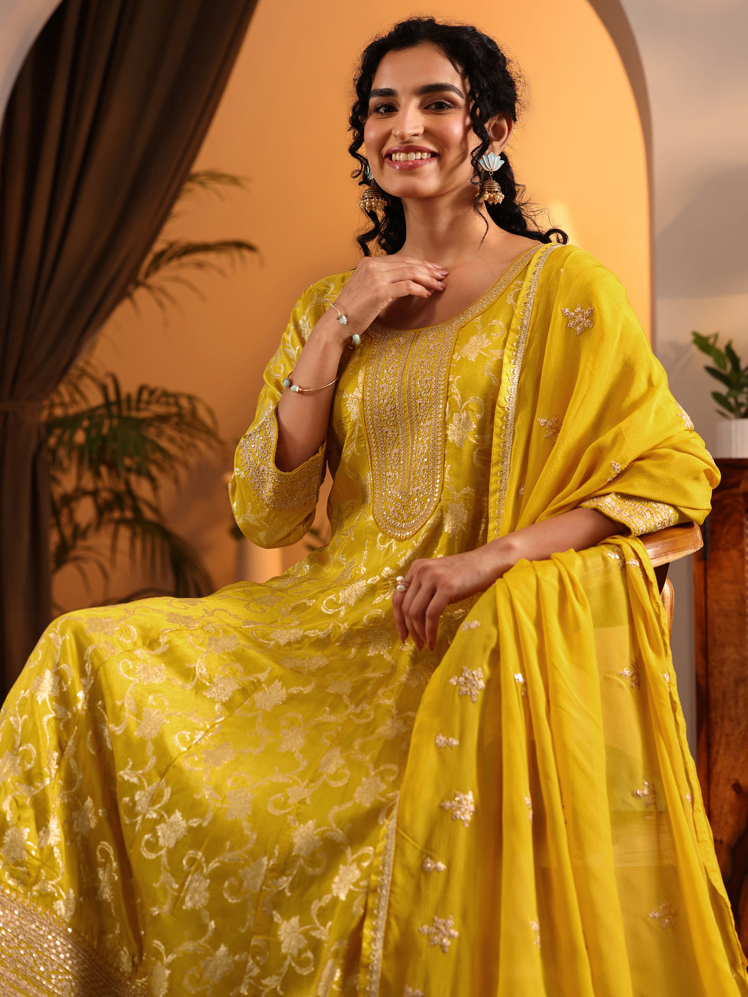  Libas Art Yellow Woven Design Silk Blend Anarkali Suit Set With Dupatta 