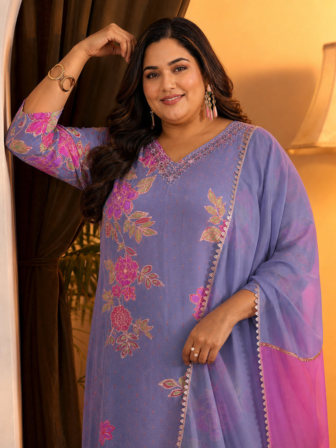  Plus Size Lavender Embellished Crepe Straight Suit Set With Dupatta 