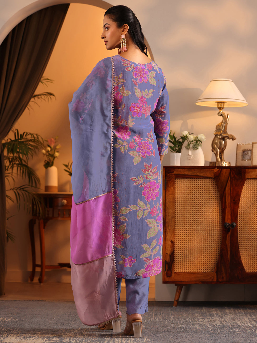  Libas Art Lavender Embellished Crepe Straight Suit Set With Dupatta 