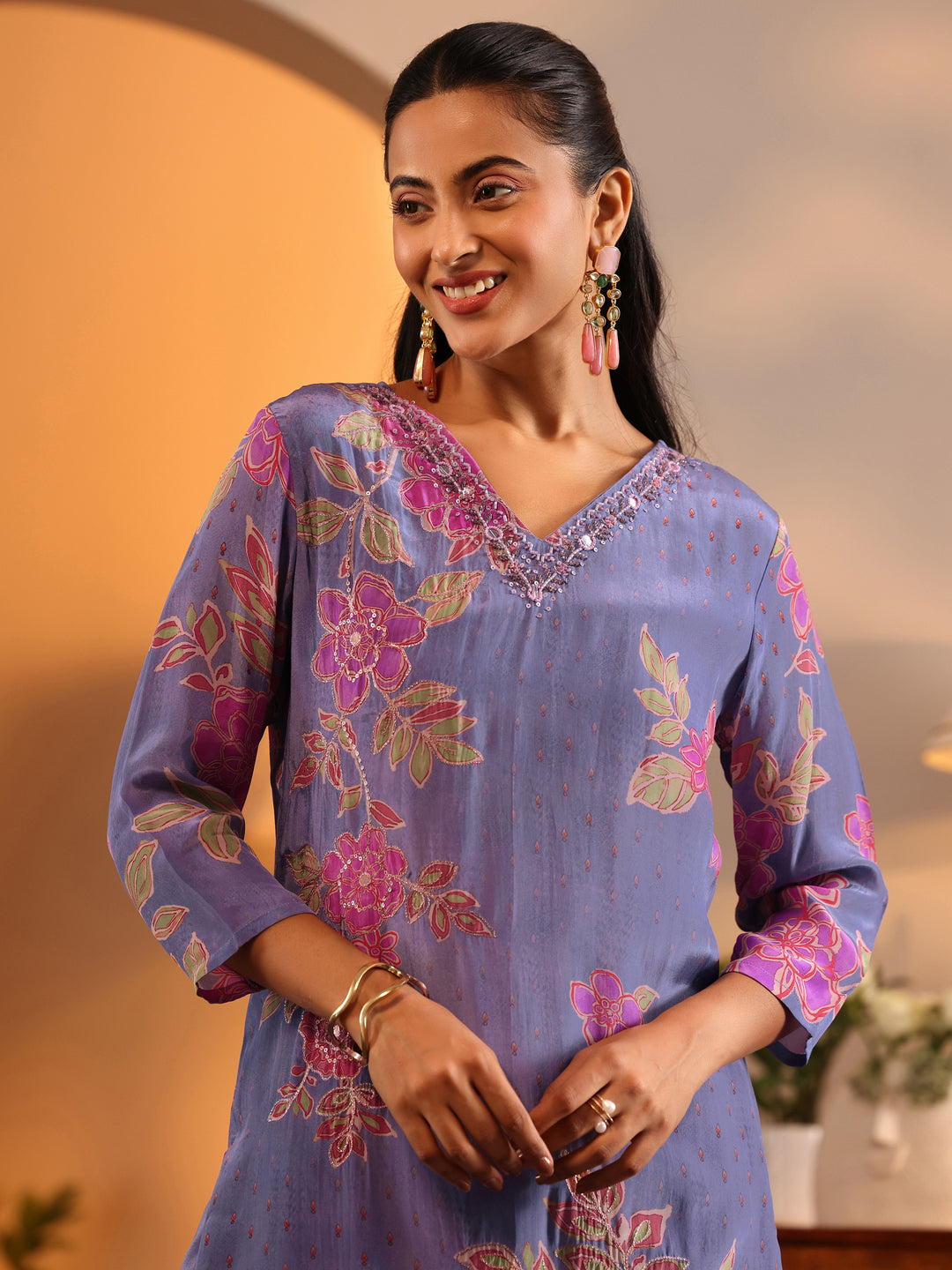  Libas Art Lavender Embellished Crepe Straight Suit Set With Dupatta 