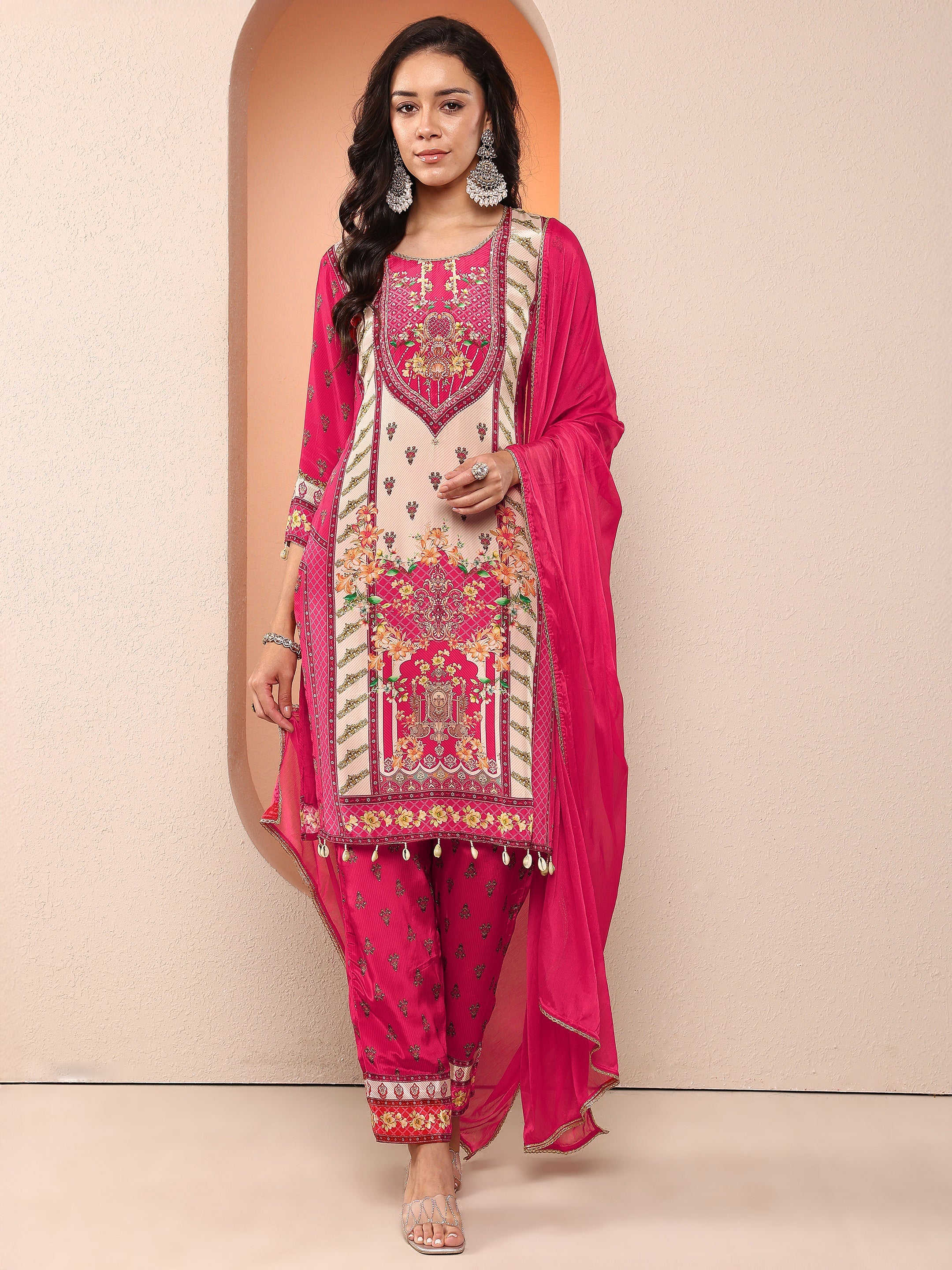 libas Magenta Printed Silk Blend Straight Suit Set With Dupatta-picture-24