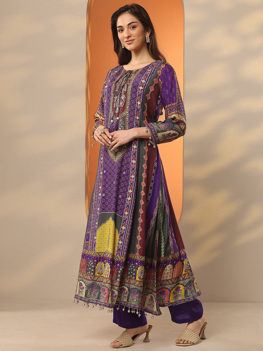  Purple Printed Muslin A-Line Suit Set With Dupatta 