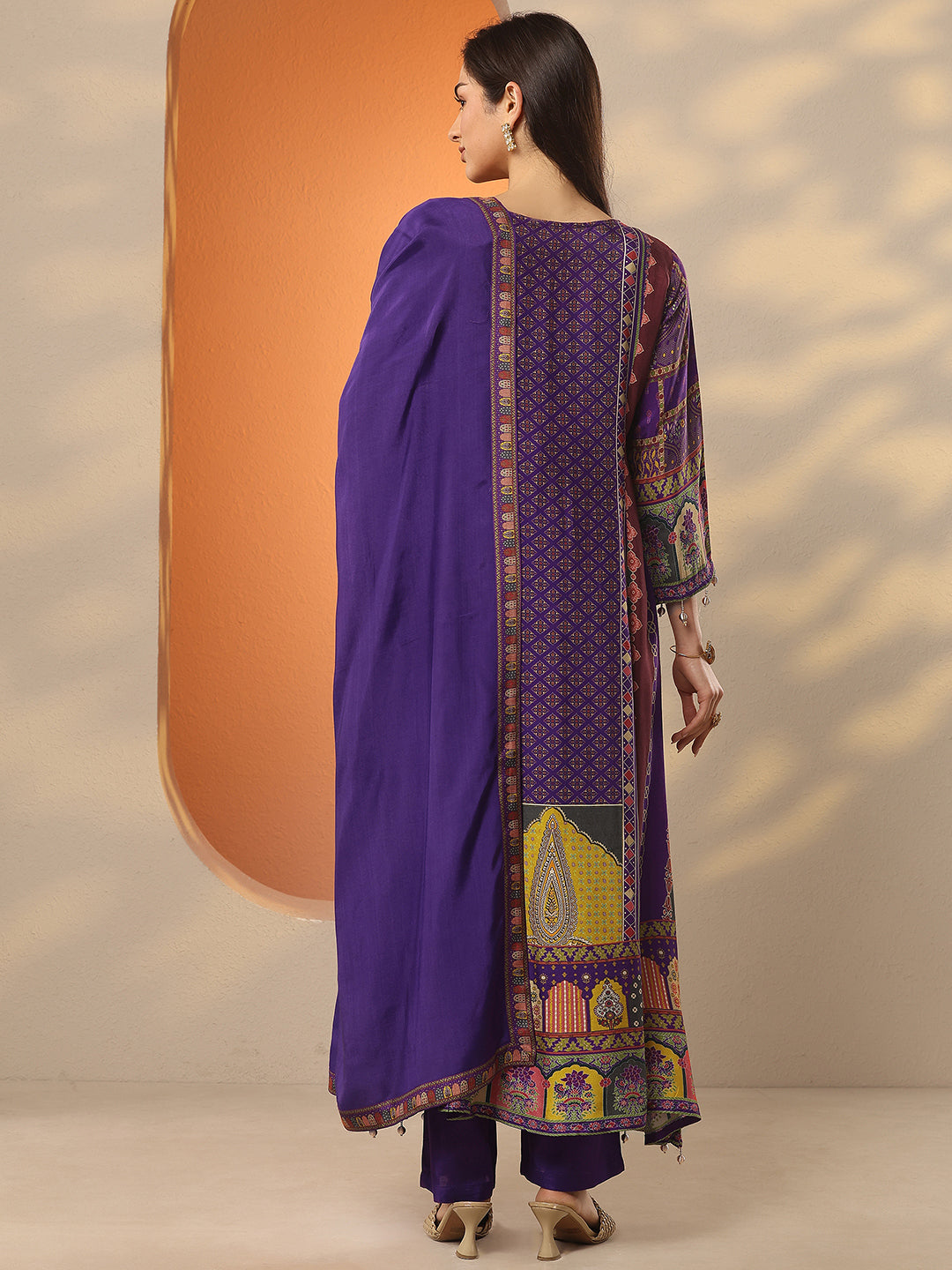  Purple Printed Muslin A-Line Suit Set With Dupatta 