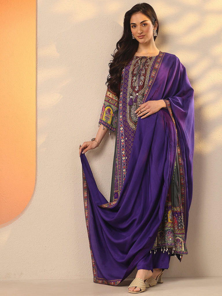 Libas Purple Printed Silk Blend A-Line Suit Set With Dupatta