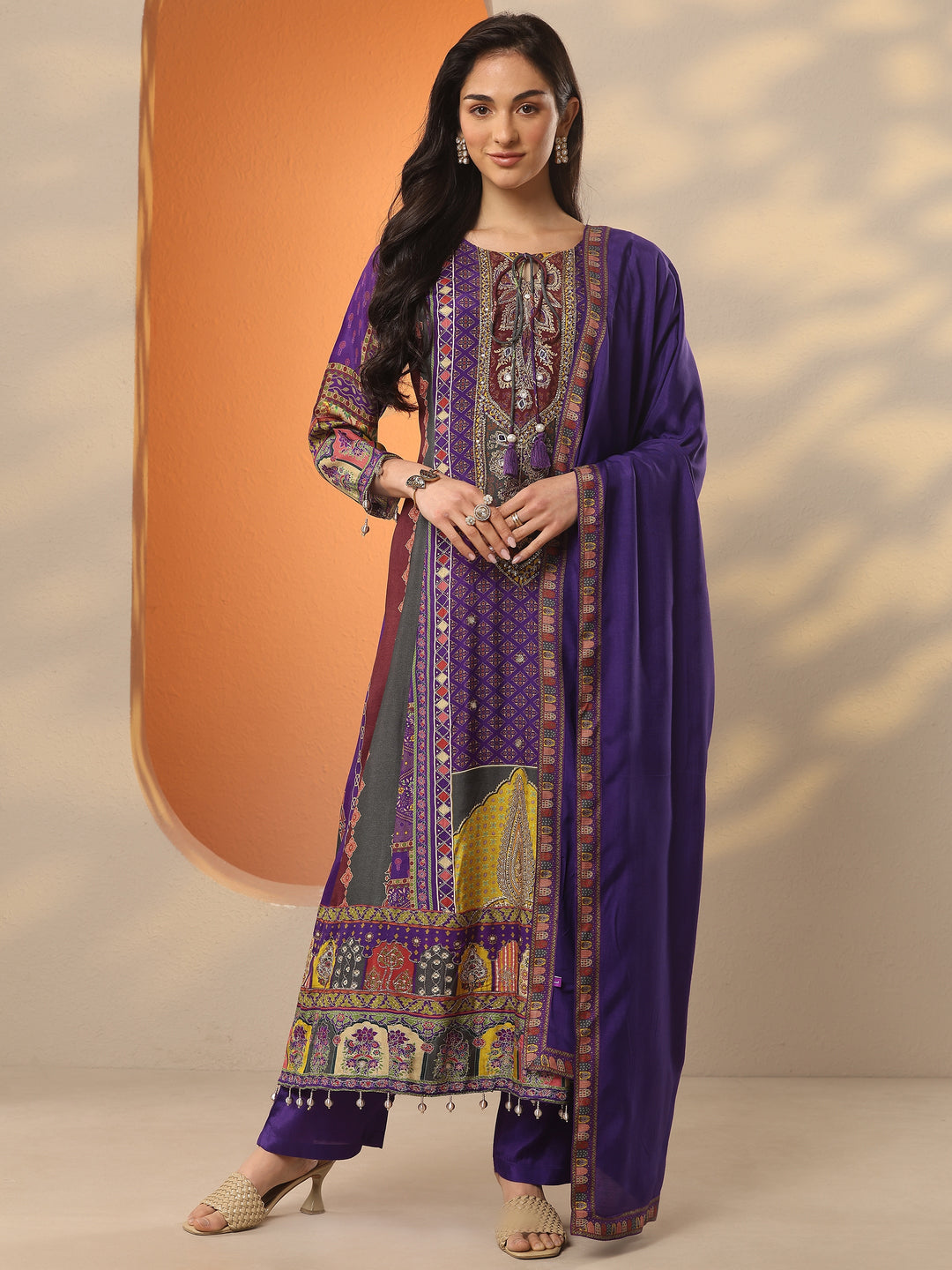  Libas Art Purple Printed Muslin A-Line Suit Set With Dupatta 