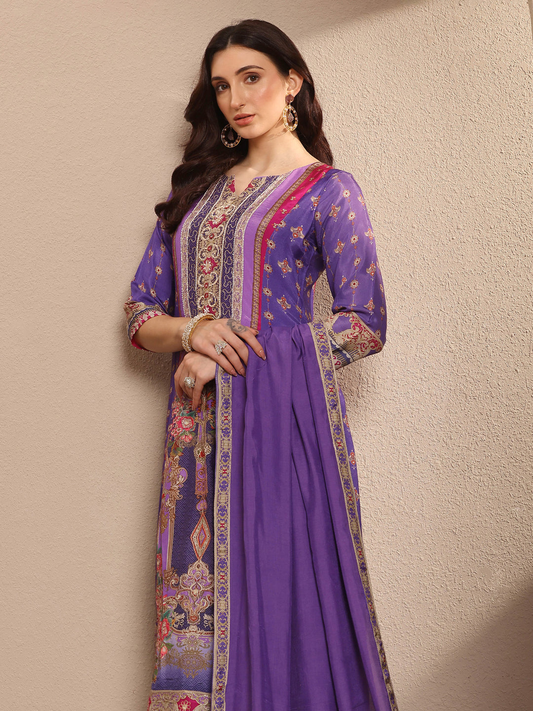Libas Art Purple Printed Muslin A-Line Suit Set With Dupatta