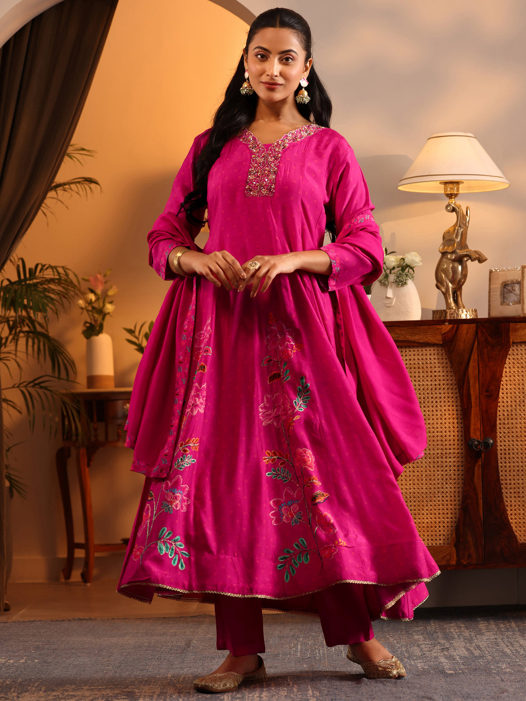  Libas Art Pink Printed Muslin Anarkali Suit Set With Dupatta 