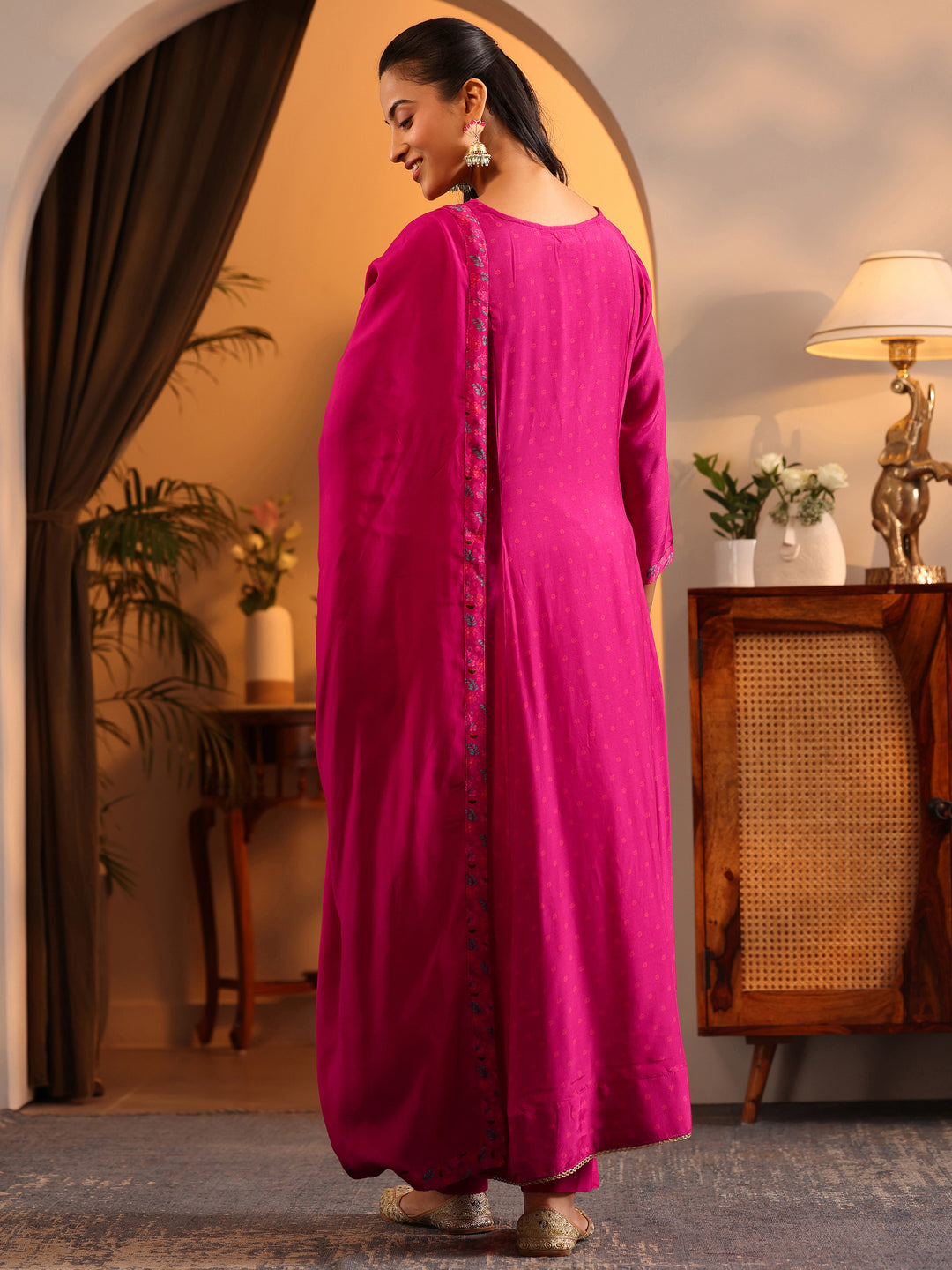  Libas Art Pink Printed Muslin Anarkali Suit Set With Dupatta 