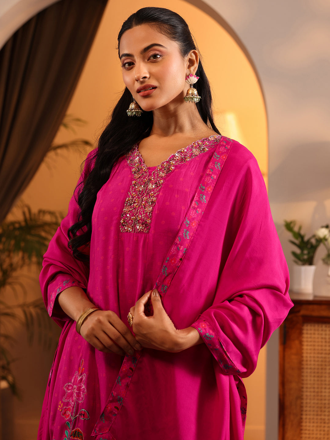  Libas Art Pink Printed Muslin Anarkali Suit Set With Dupatta 