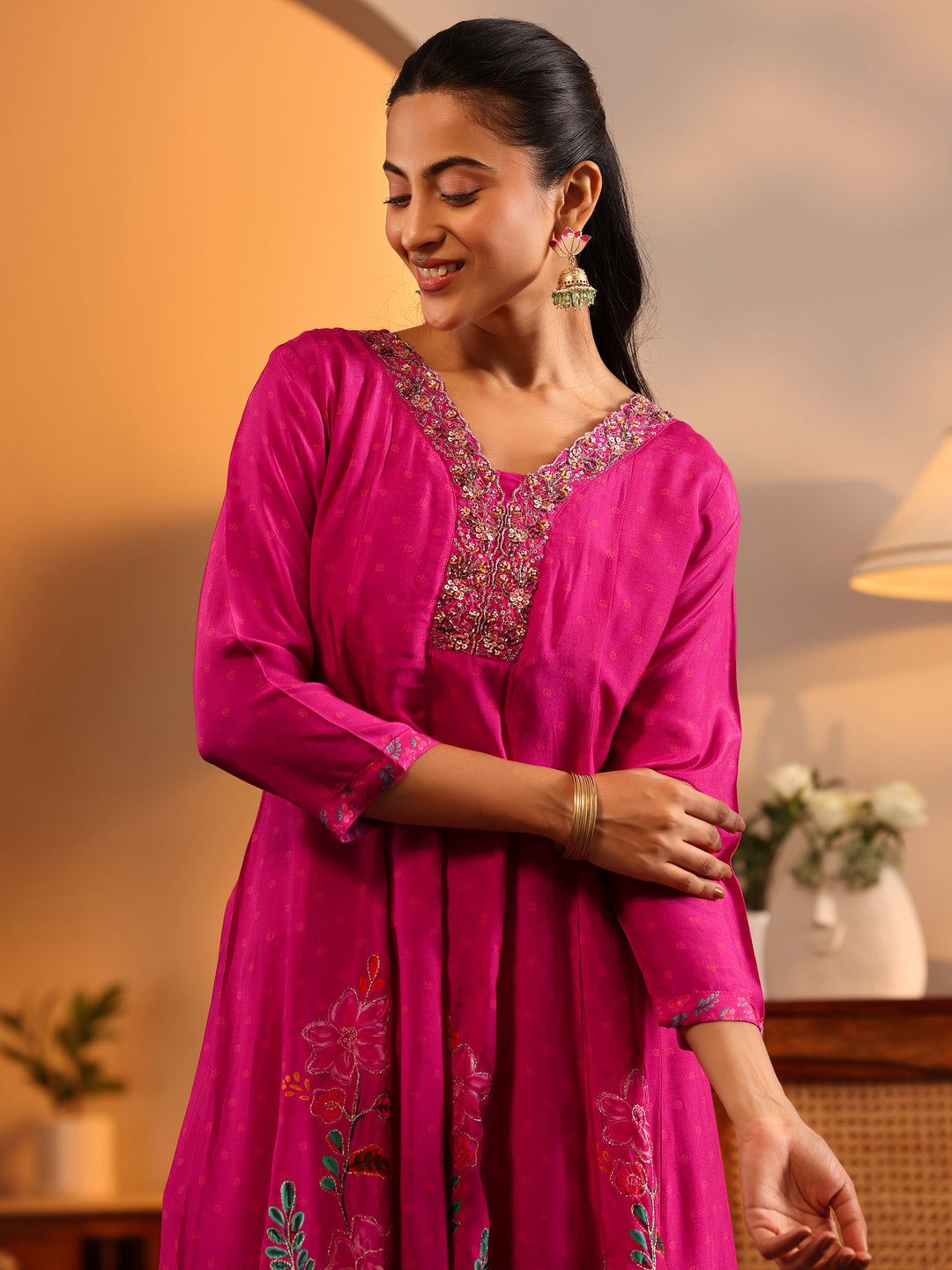  Libas Art Pink Printed Muslin Anarkali Suit Set With Dupatta 