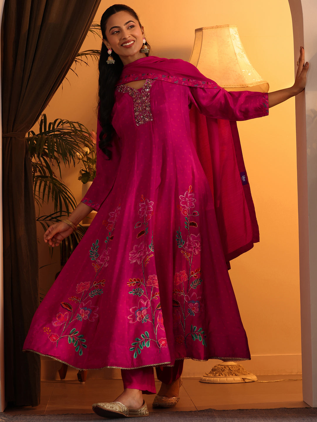  Libas Art Pink Printed Muslin Anarkali Suit Set With Dupatta 