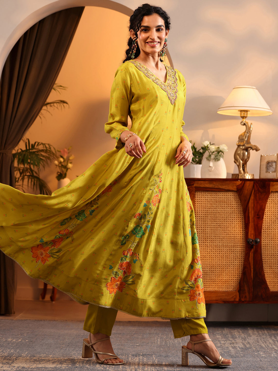  Libas Art Mustard Printed Muslin Anarkali Suit Set With Dupatta 