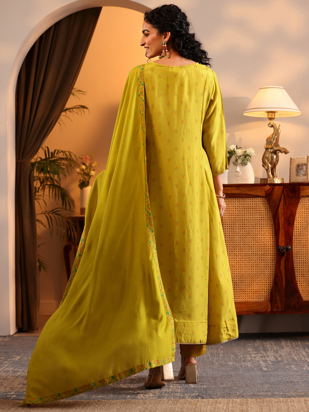  Libas Art Mustard Printed Muslin Anarkali Suit Set With Dupatta 