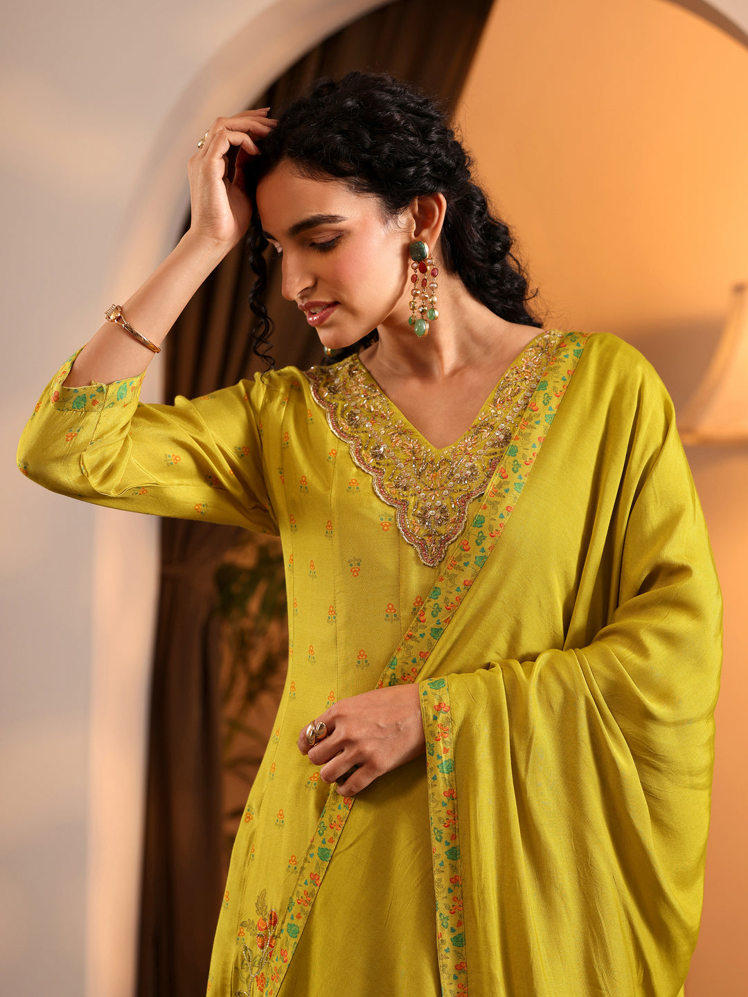  Libas Art Mustard Printed Muslin Anarkali Suit Set With Dupatta 