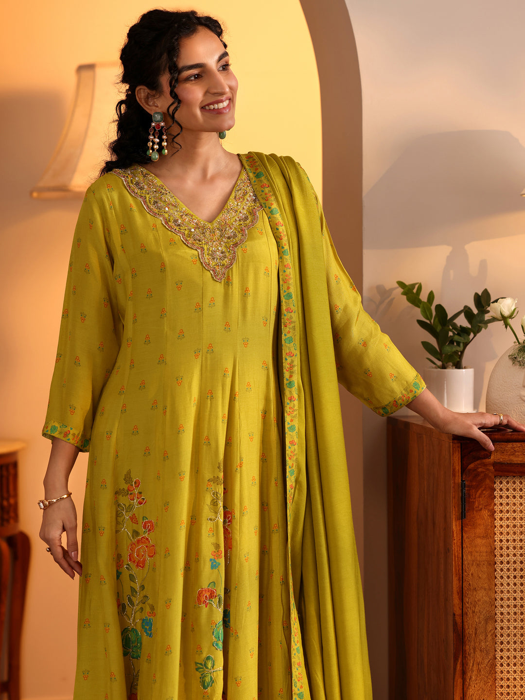  Libas Art Mustard Printed Muslin Anarkali Suit Set With Dupatta 