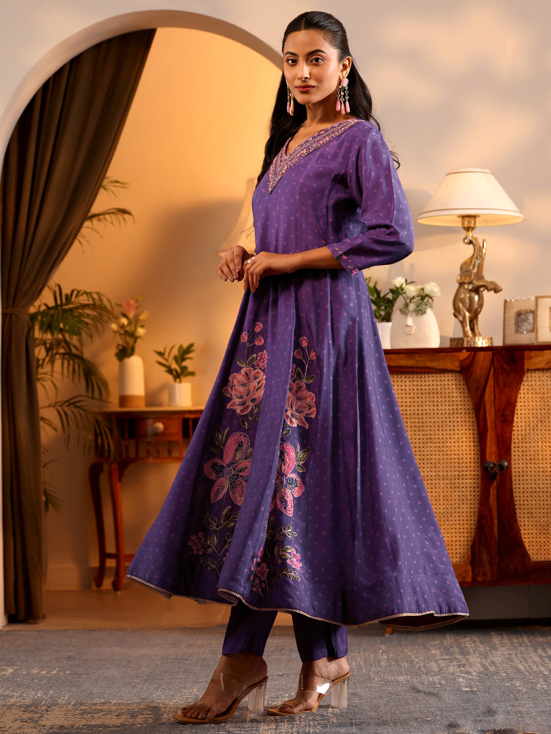  Libas Art Purple Printed Muslin Anarkali Suit Set With Dupatta 