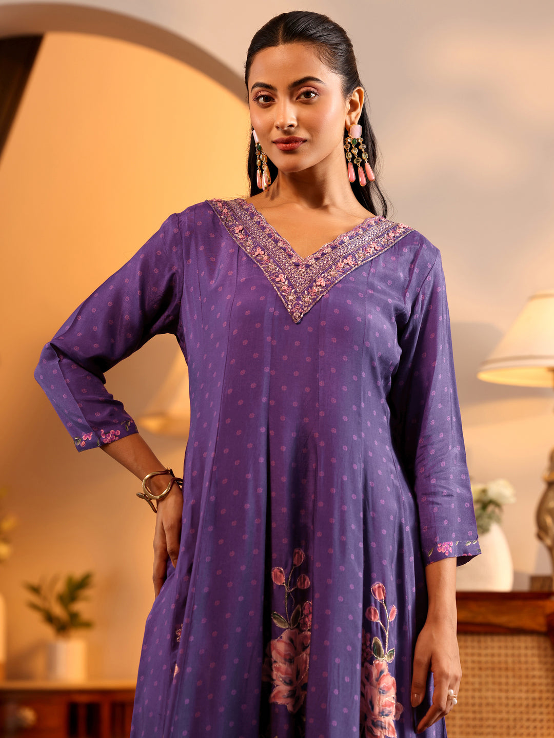  Libas Art Purple Printed Muslin Anarkali Suit Set With Dupatta 