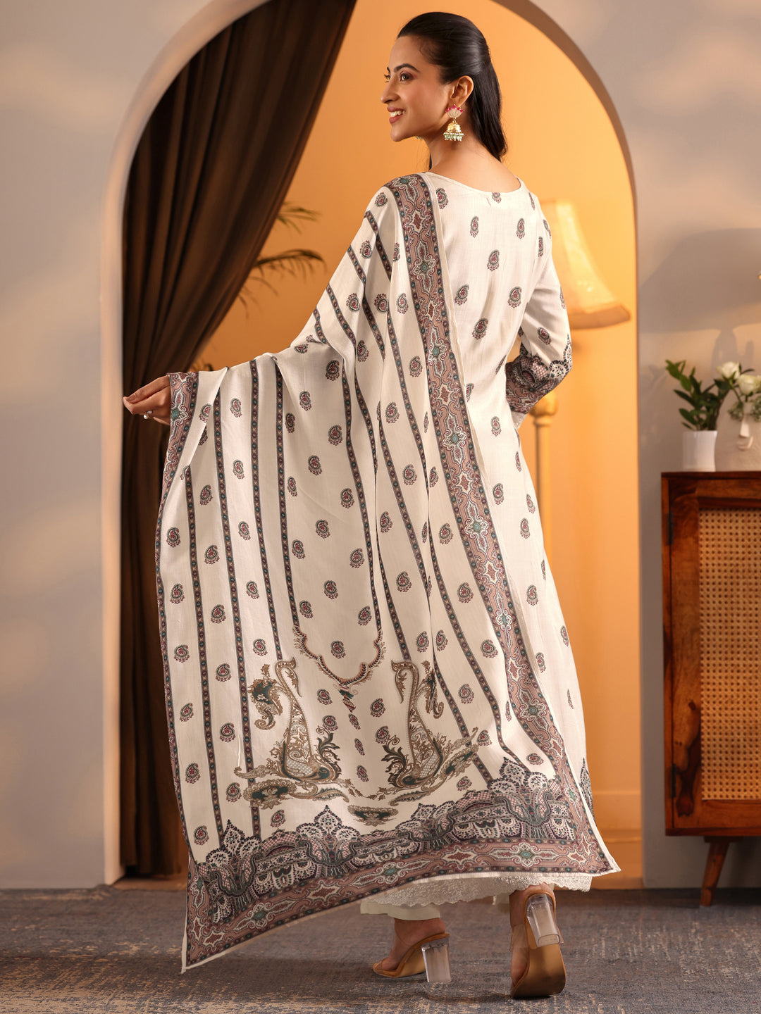  Libas Art Off White Printed Muslin A-Line Suit Set With Dupatta 