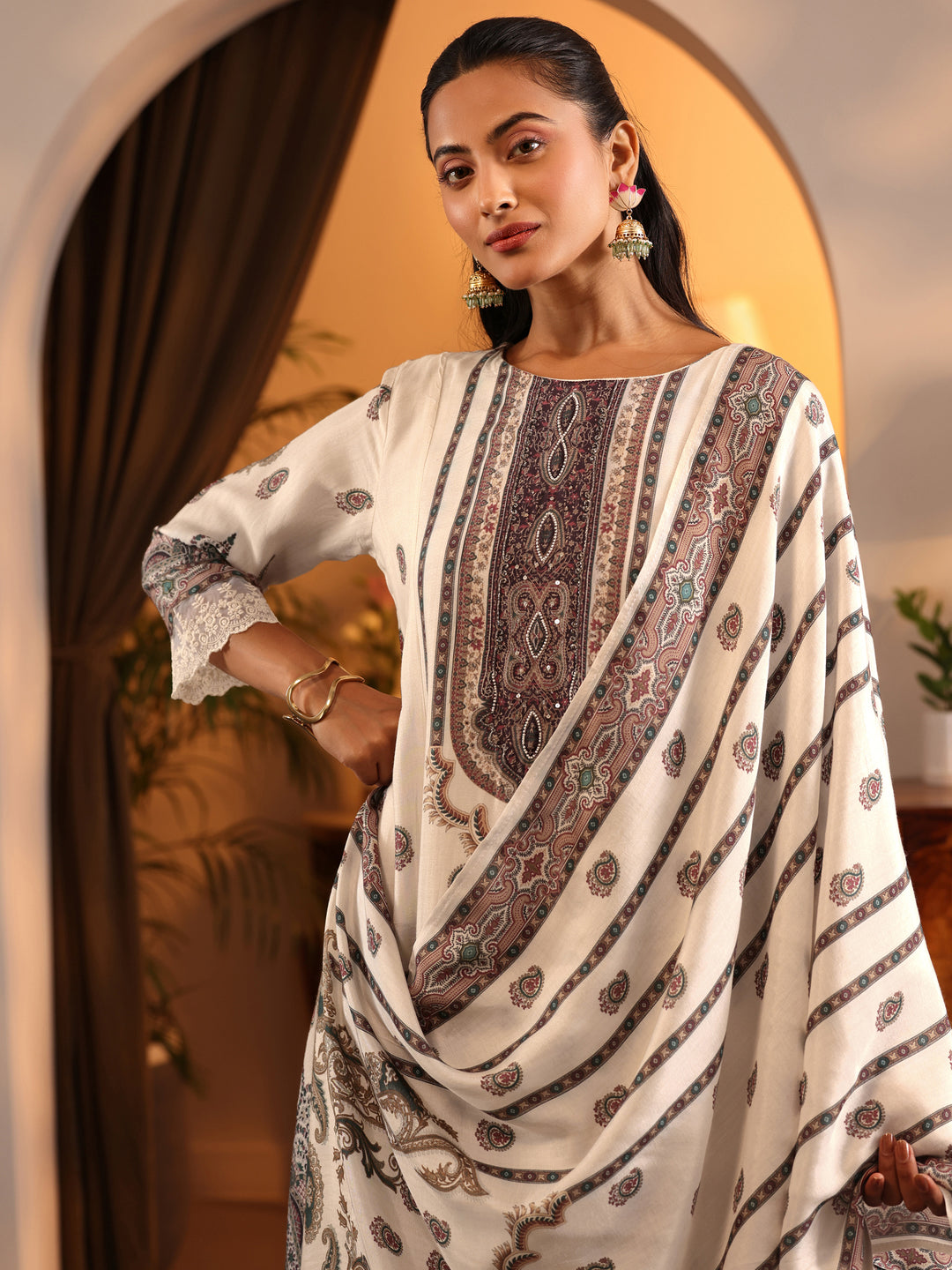  Libas Art Off White Printed Muslin A-Line Suit Set With Dupatta 