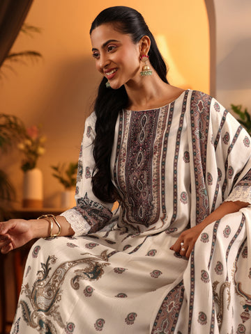 Off White Printed Muslin A-Line Suit Set With Dupatta