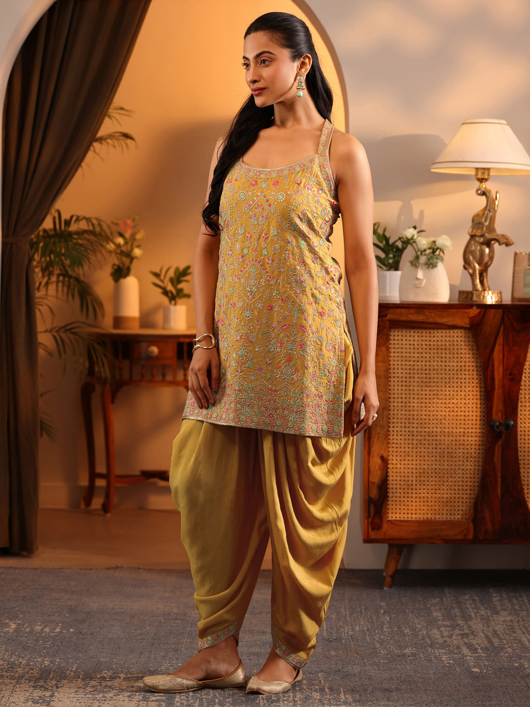  Libas Art Mustard Embroidered Silk Blend Straight Suit Set With Dupatta 