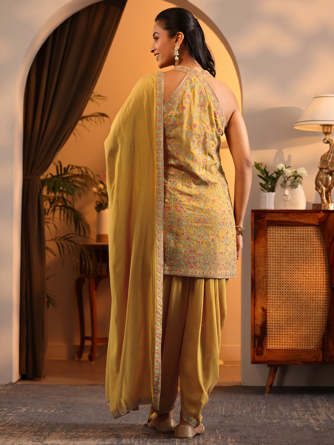  Libas Art Mustard Embroidered Silk Blend Straight Suit Set With Dupatta 