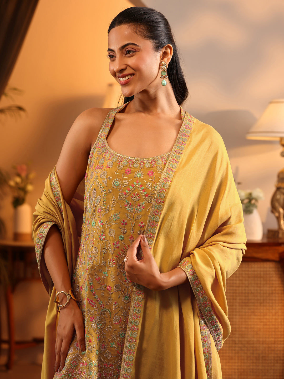  Libas Art Mustard Embroidered Silk Blend Straight Suit Set With Dupatta 