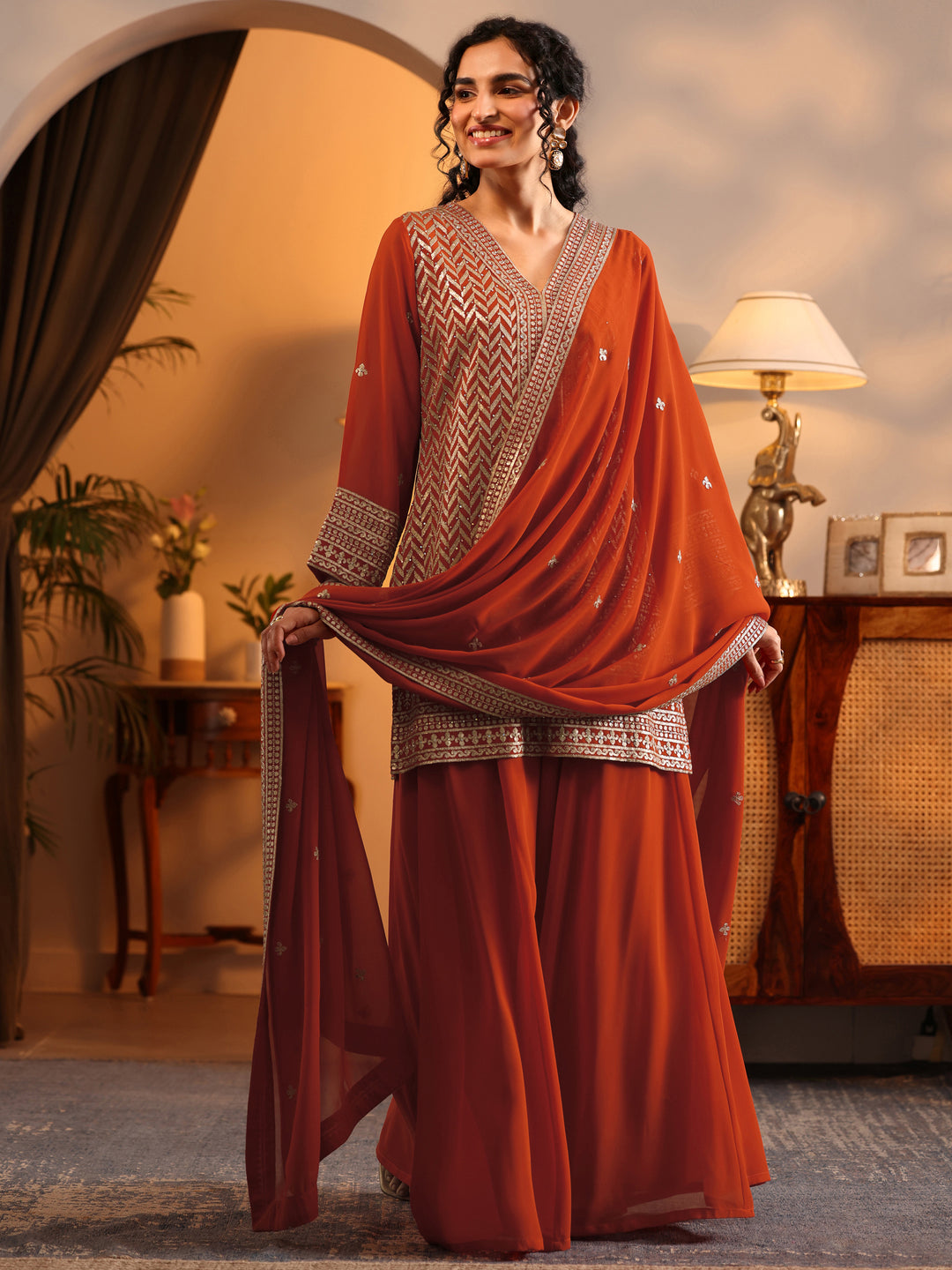  Libas Art Orange Embroidered Georgette Straight Suit Set With Dupatta 
