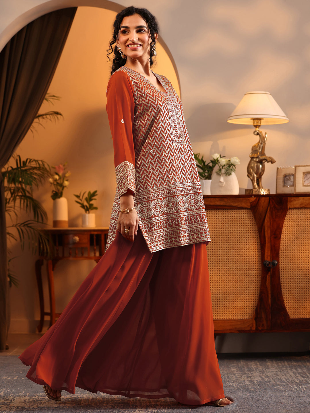  Libas Art Orange Embroidered Georgette Straight Suit Set With Dupatta 