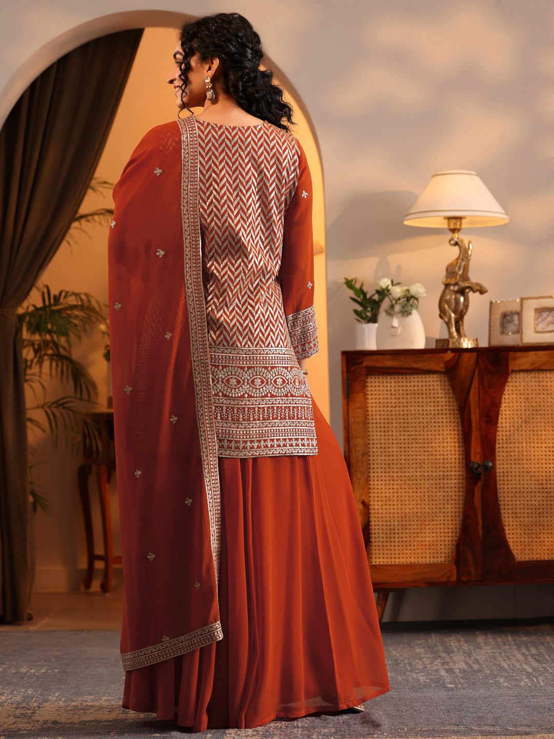  Libas Art Orange Embroidered Georgette Straight Suit Set With Dupatta 