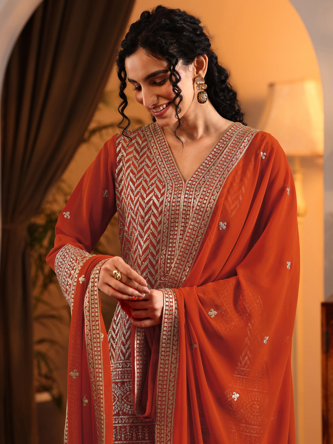  Libas Art Orange Embroidered Georgette Straight Suit Set With Dupatta 