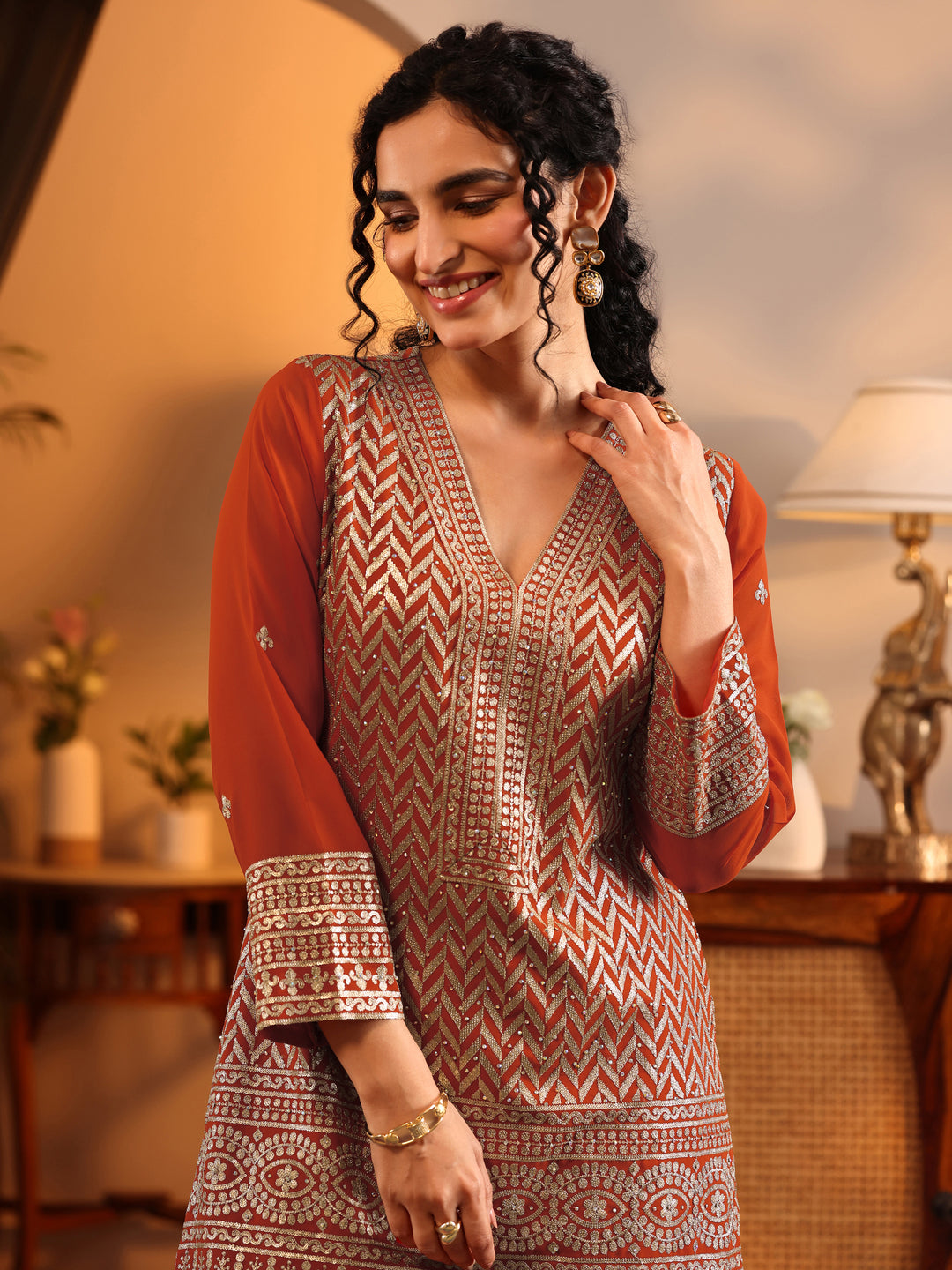  Libas Art Orange Embroidered Georgette Straight Suit Set With Dupatta 