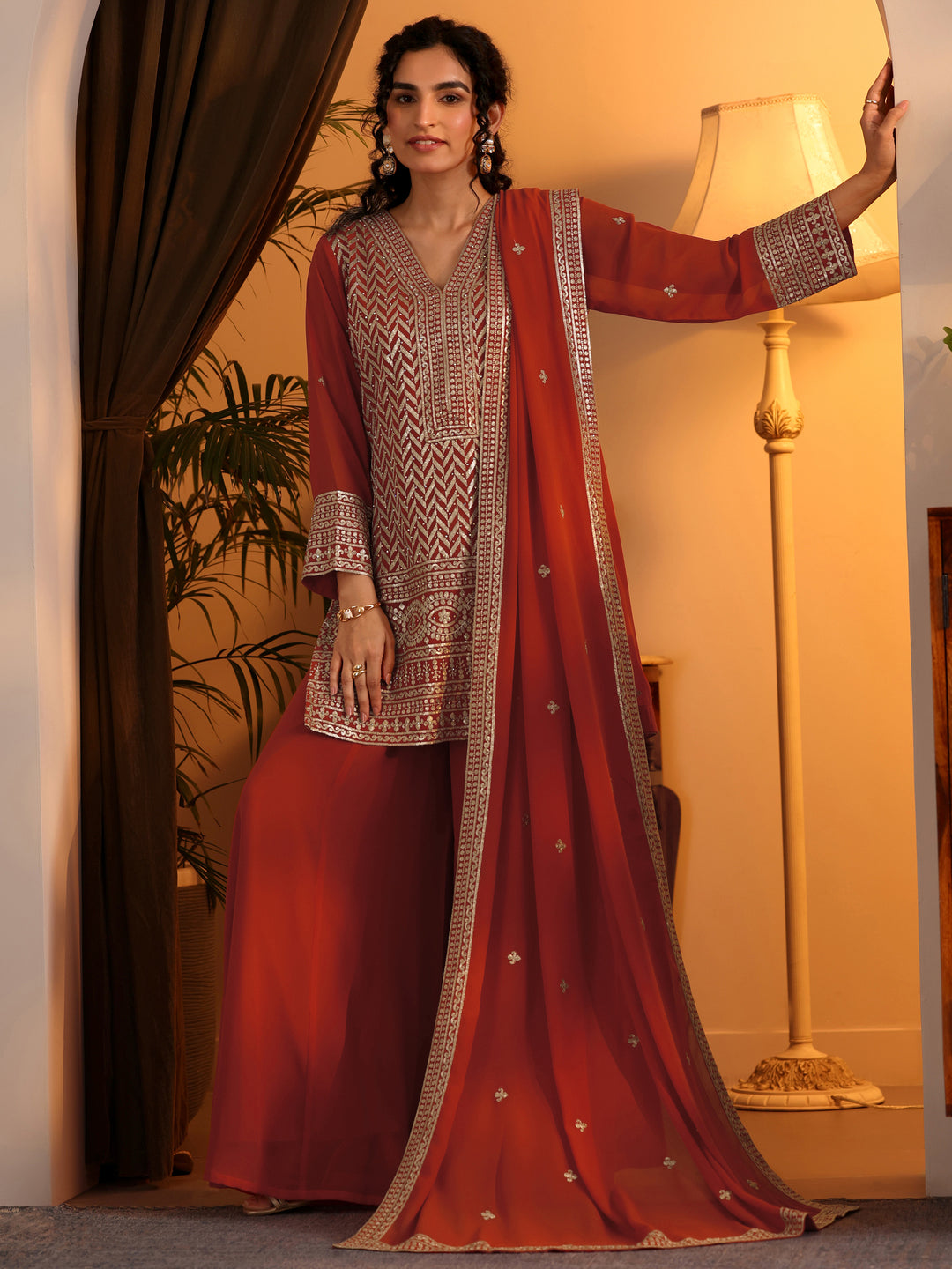 Libas Art Orange Embroidered Georgette Straight Suit Set With Dupatta