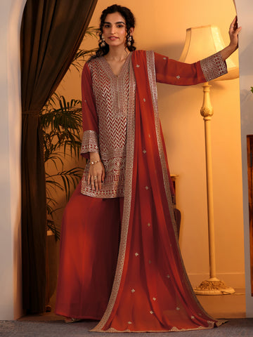 Orange Embroidered Georgette Straight Suit Set With Dupatta