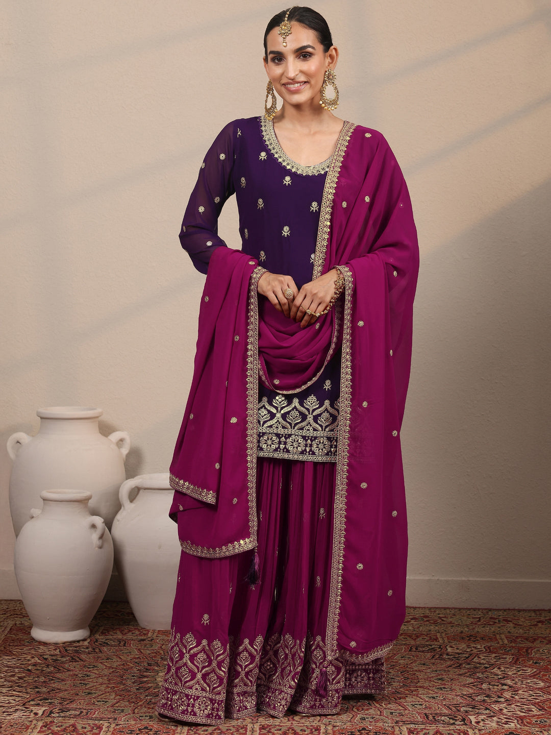  Libas Art Purple Embroidered Georgette Straight Suit Set With Dupatta 
