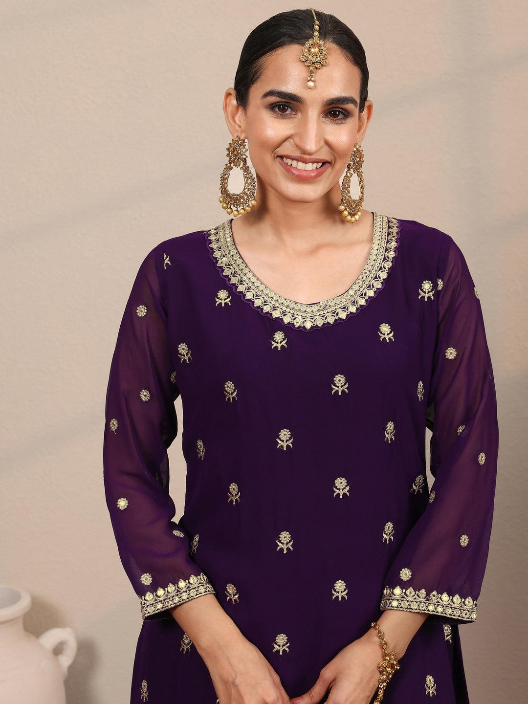  Libas Art Purple Embroidered Georgette Straight Suit Set With Dupatta 