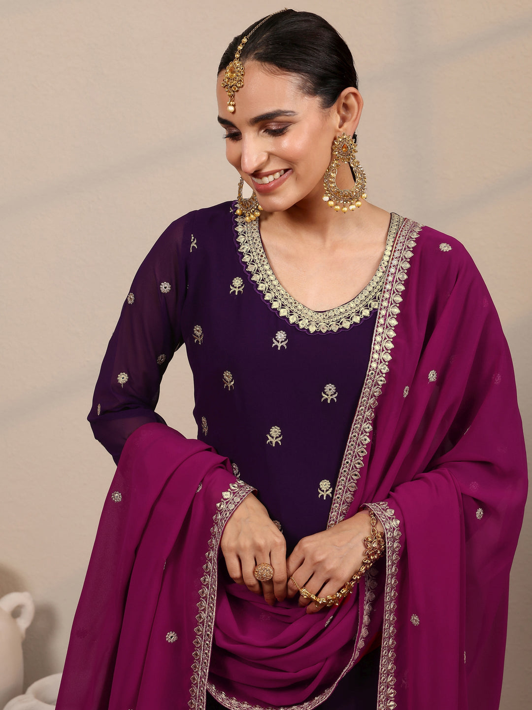  Libas Art Purple Embroidered Georgette Straight Suit Set With Dupatta 