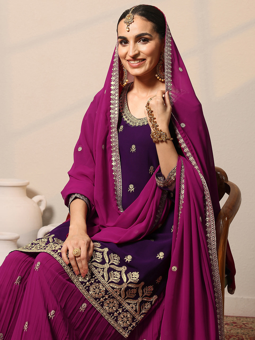  Libas Art Purple Embroidered Georgette Straight Suit Set With Dupatta 