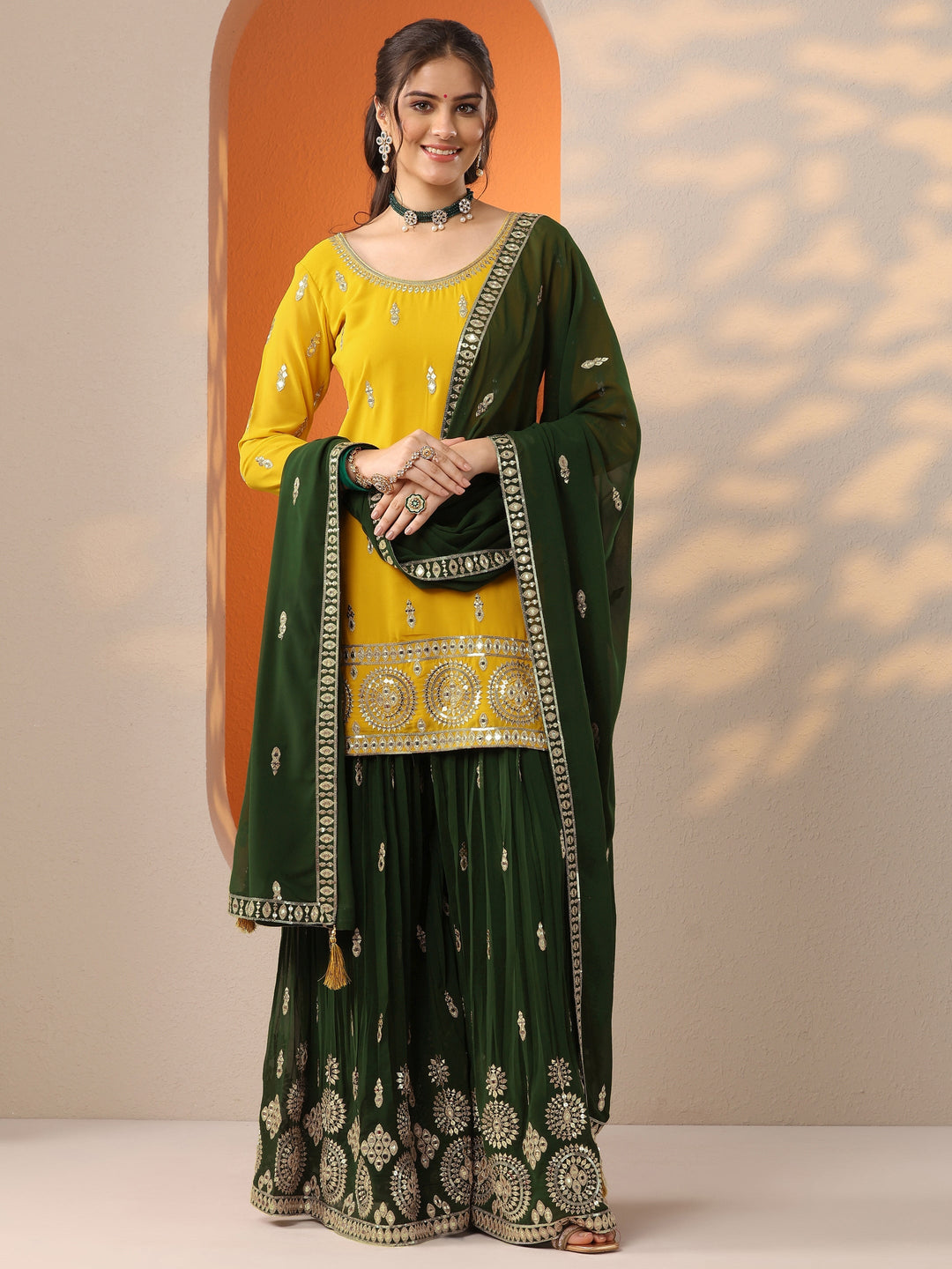  Libas Art Mustard Woven Design Georgette Straight Suit Set With Dupatta 