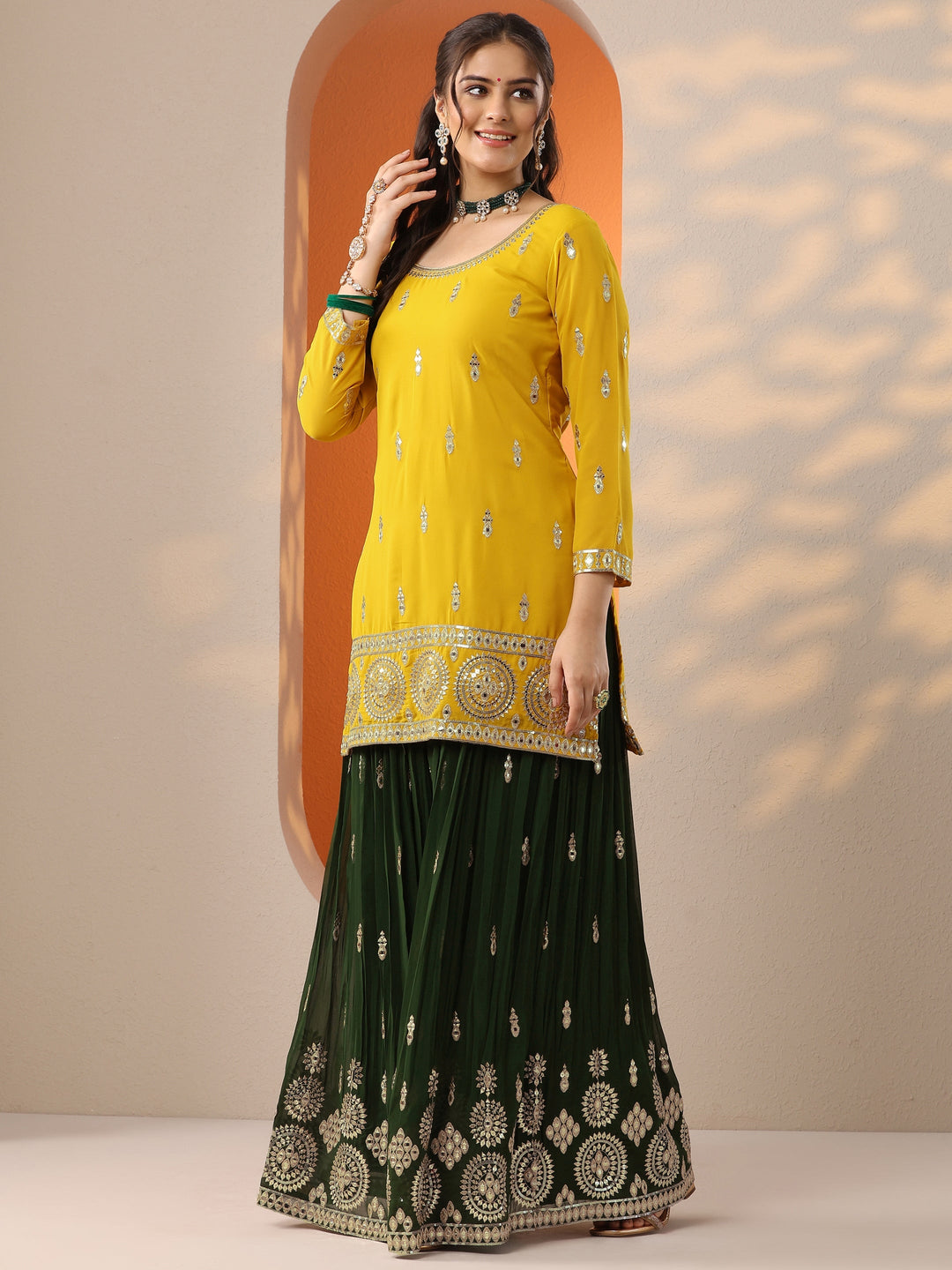  Libas Art Mustard Woven Design Georgette Straight Suit Set With Dupatta 