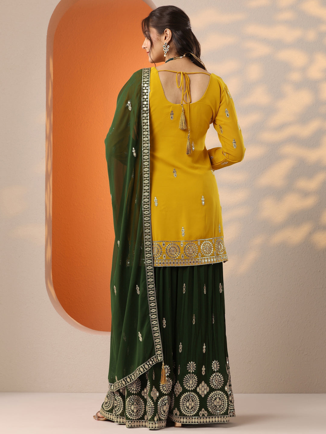  Libas Art Mustard Woven Design Georgette Straight Suit Set With Dupatta 