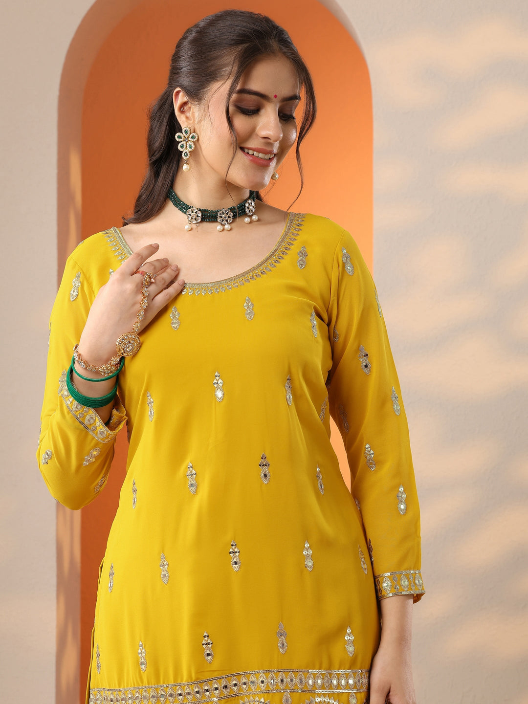  Libas Art Mustard Woven Design Georgette Straight Suit Set With Dupatta 