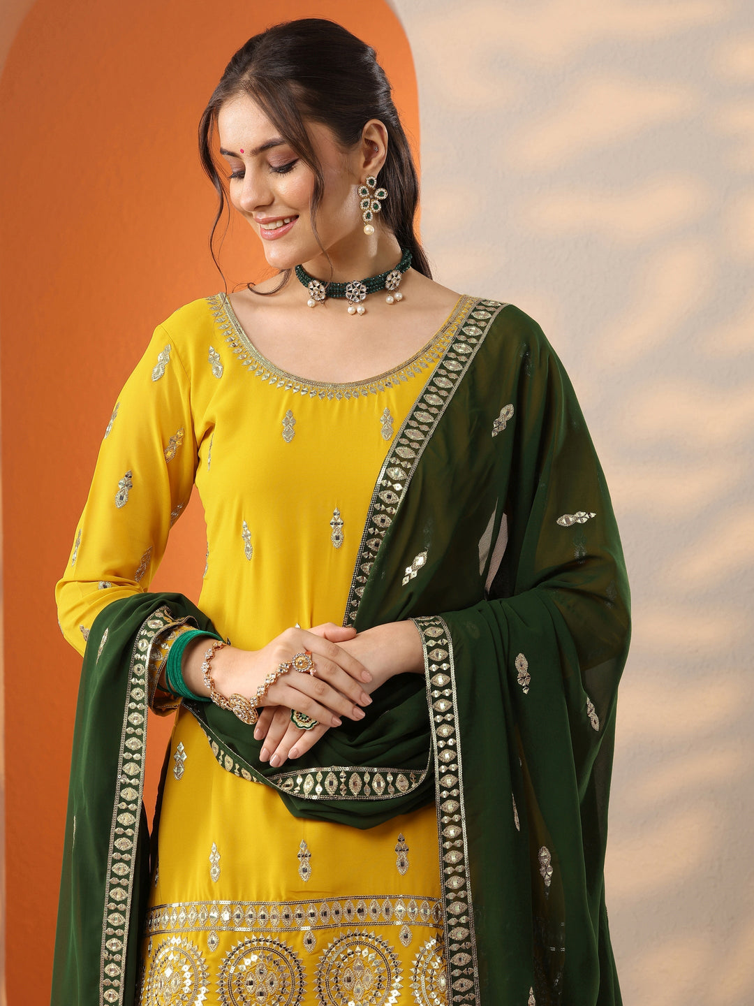  Libas Art Mustard Woven Design Georgette Straight Suit Set With Dupatta 