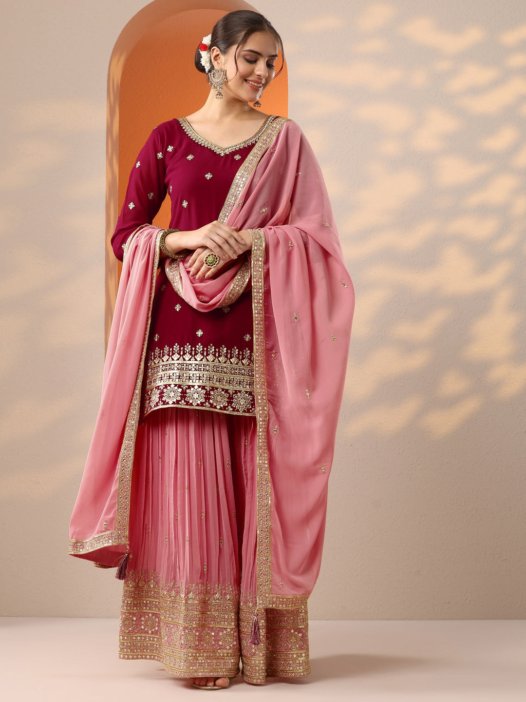 Libas Art Pink Woven Design Georgette Straight Suit Set With Dupatta 