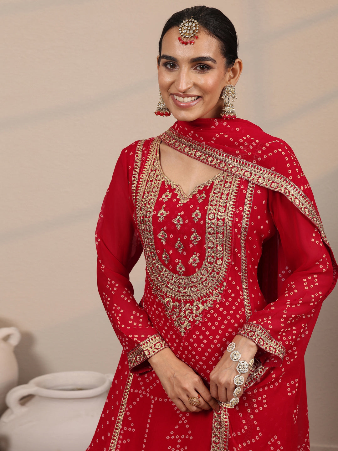  Libas Art Red Printed Georgette Straight Suit Set With Dupatta 