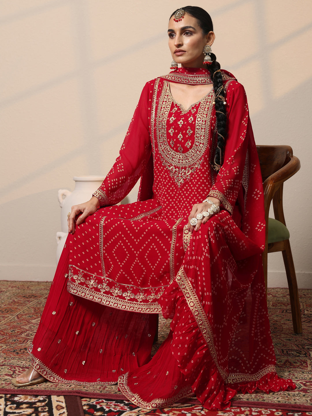  Libas Art Red Printed Georgette Straight Suit Set With Dupatta 