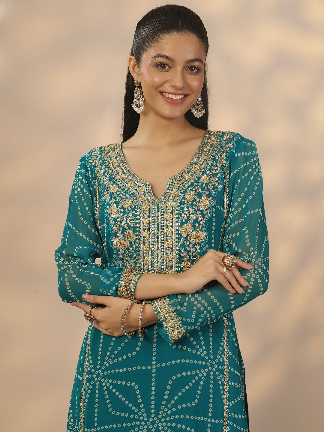  Libas Art Green Printed Georgette Straight Suit Set With Dupatta 